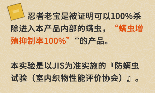 忍者老宝是被证明可以100%杀除进入本产品内部的螨虫,"螨虫增殖抑制率100%”※的产品。 本实验是以JIS为准实施的『防螨虫试验(室内织物性能评价协会)』。
