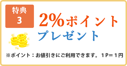 【特典3】2%ポイントプレゼント。※税別価格より※ポイント：お値引きにご利用できます。1P=1円