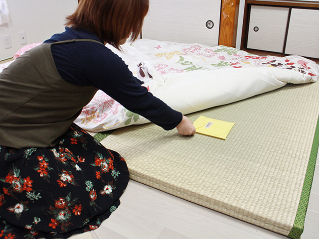 畳と布団の間にダニ捕りロボを設置している女性